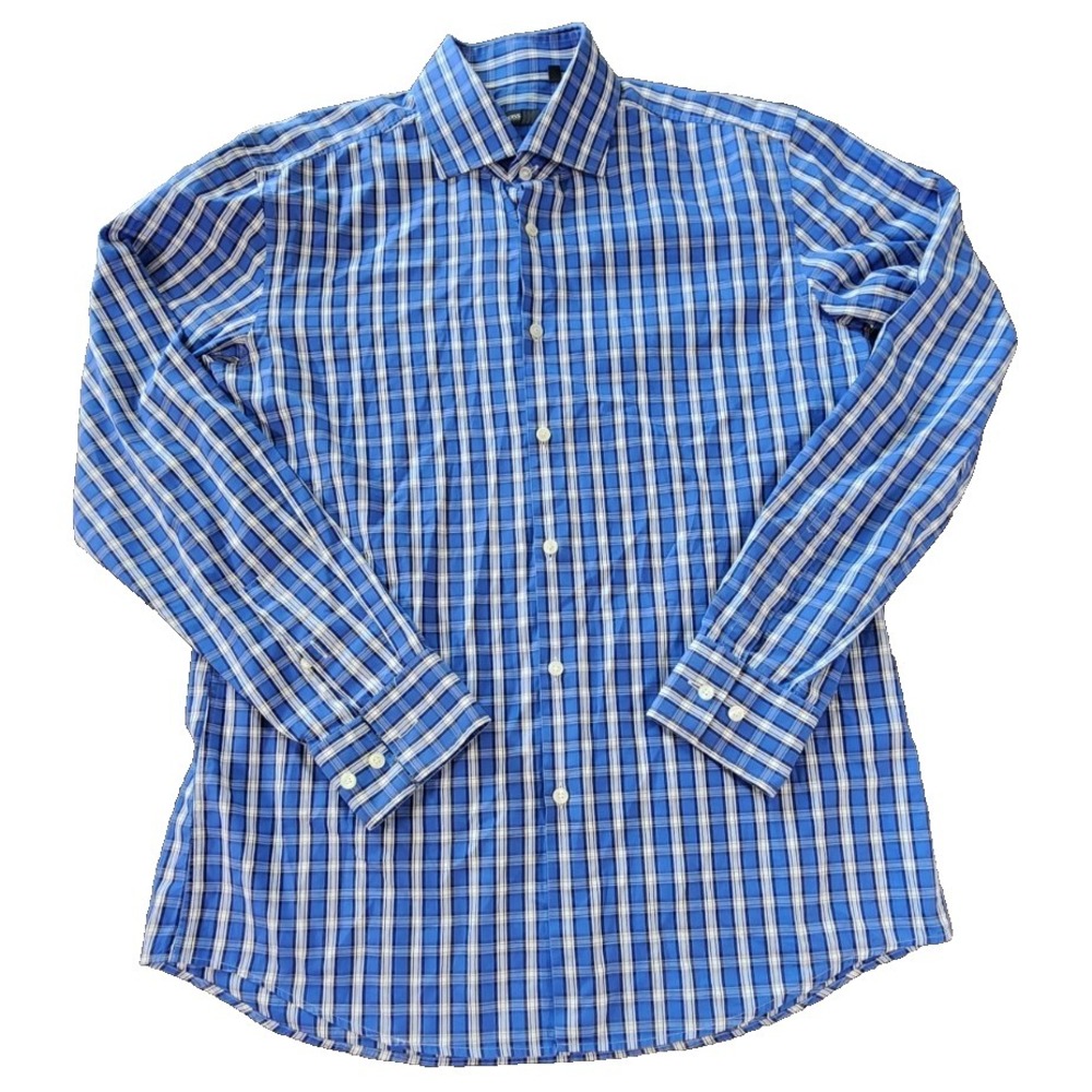 Hugo Boss Slim‎ Fit Blue Plaid Button Up Shirt Men's 42 16.5 • Long Sleeve